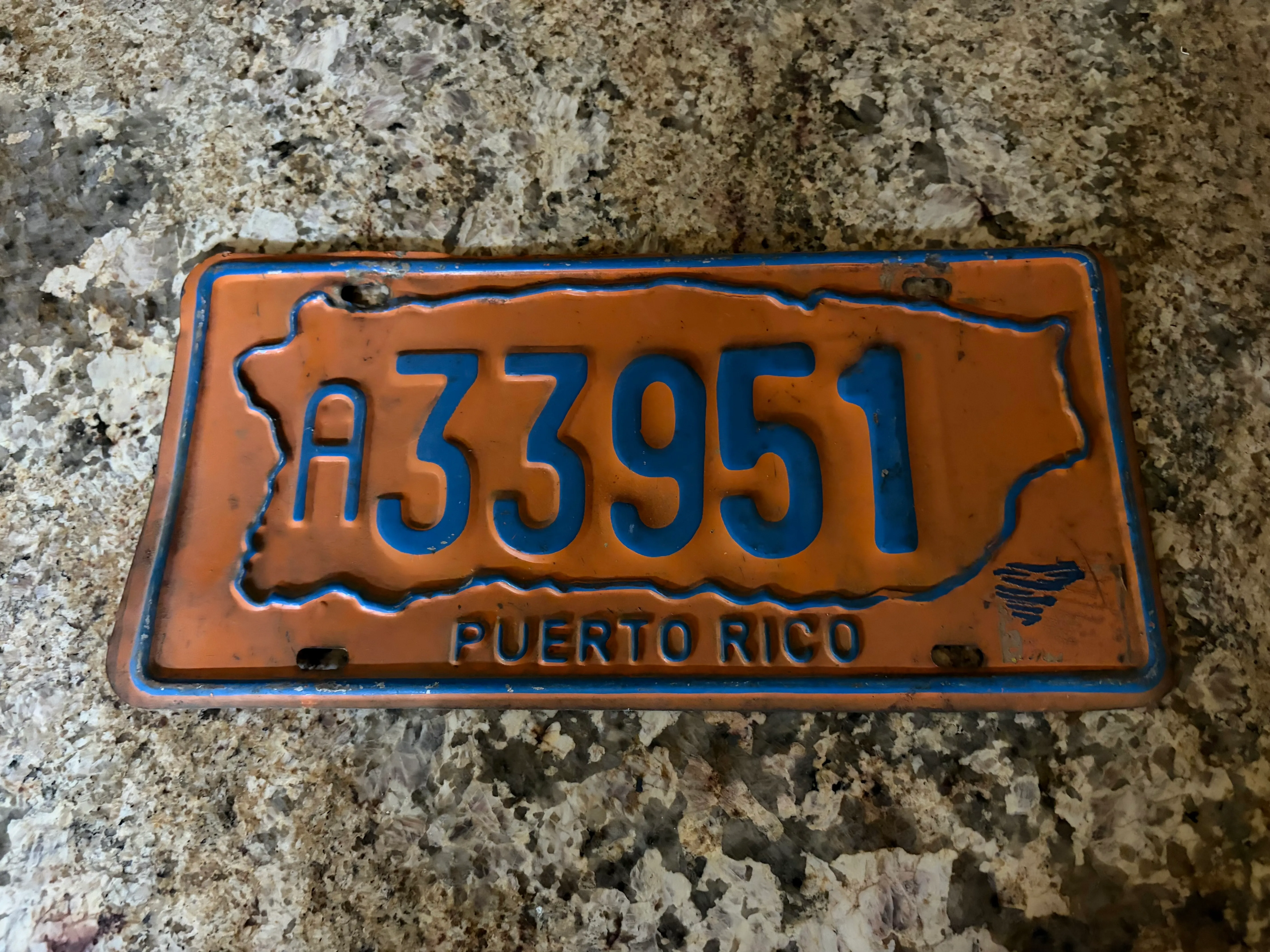 Vintage 1977 Puerto Rico License Plate A33951 Orange & Blue Island Map